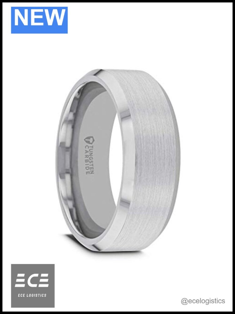 Tungsten Carbide Wedding Band Brushed Center Flat Beveled Edges Ring